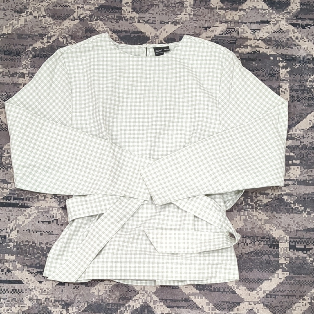Nwot Icone XS Green Cream Checkered Blouse Gingham Organic Cotton